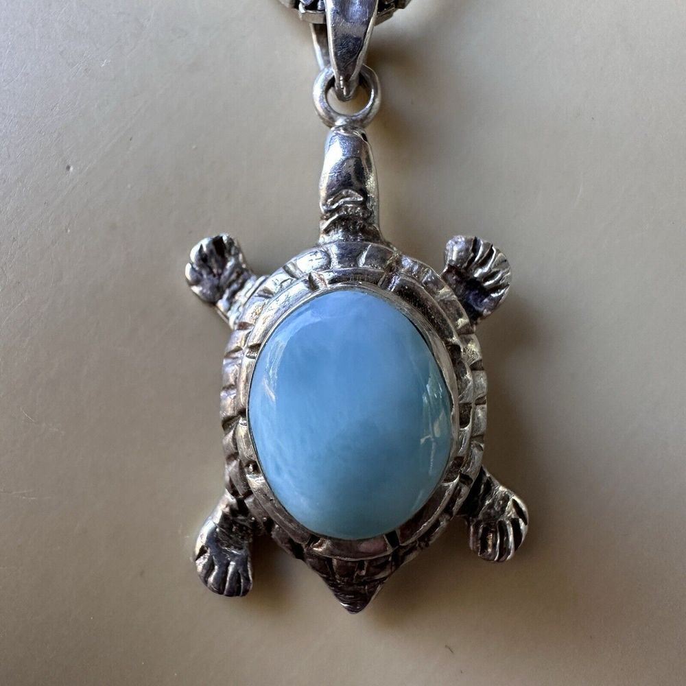 VTG‎ Pendant Necklace 18 Inch Sea Turtle Blue Larimar Gem 925 Sterling 7.2g